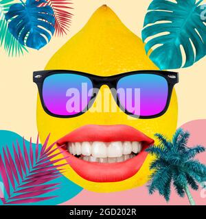 Happy smile. Composition with female mouth and sun eyewear on floral color summer background. Copyspace to text. Modern design. Art pop collage Stock Photo