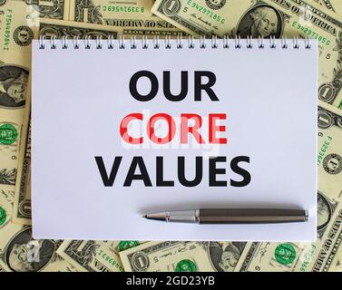 Our core values symbol. White note with words 'Our core values' on ...