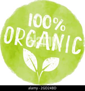 round 100 percent ORGANIC watercolor label, vector illustration Stock Vector