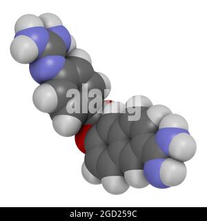 Nafamostat drug molecule (serine protease inhibitor). 3D rendering. Stock Photo