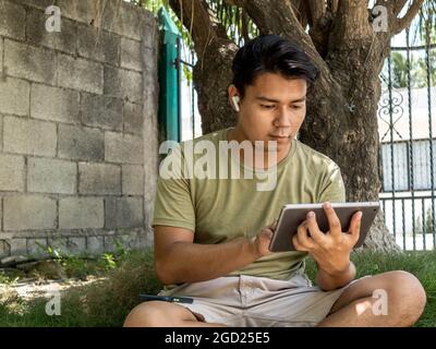 Young man using his tablet under a tree sitting in the grass Stock Photo