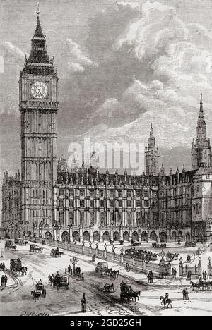 Big Ben and the Houses of Parliament, London, England, seen here in the 19th century.  From Picturesque England, Its Landmarks and Historic Haunts, published 1891. Stock Photo