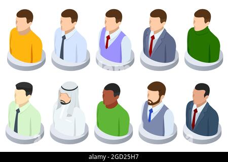 Isometric young male faces vector avatar set. Social network icons. Business man in job and lifestyle daily routine character Stock Vector
