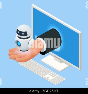 Isometric artificial intelligence. Chat bot and future marketing. AI and business IOT concept. Mans and women chatting with chatbot application Stock Vector