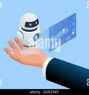 Isometric robot analyzes the database. Artificial intelligence working for big data analysis. Data analysis artificial intelligence ai with robots Stock Vector