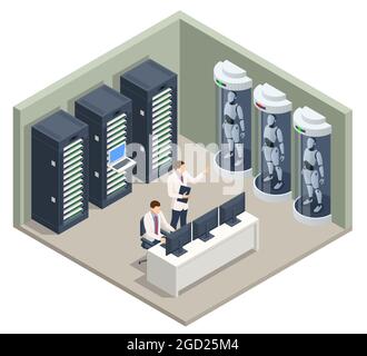 Isometric artificial intelligence in robots. Technology and engineering. automatiaon robots working in server room. Stock Vector