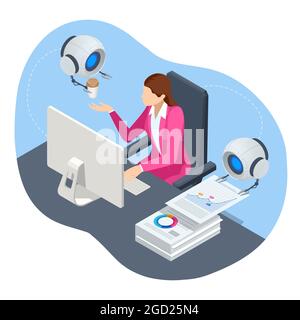 Isometric robot analyzes the database. Artificial intelligence working for big data analysis. Data analysis artificial intelligence ai with robots Stock Vector
