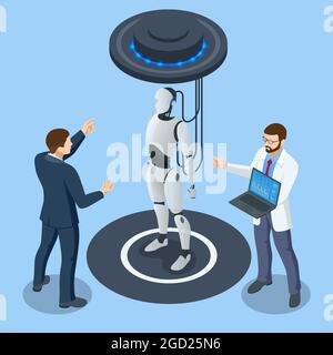 Isometric robot analyzes the database. Artificial intelligence working for big data analysis. Data analysis artificial intelligence ai with robots Stock Vector