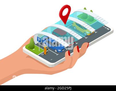 Isometric parking lot displayed on screen. Car park location on Smartphone. Smartphone application for online searching free parking place on the map Stock Vector