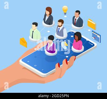 Isometric Social Network Web Site Surfing Concept. Global Communication Around the World, Remote Work. Stock Vector