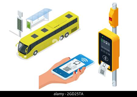 Isometric electronic validator of public transport fare. Contactless wireless payment via mobile phone. Bus ticket validator. Woman paying contactless Stock Vector