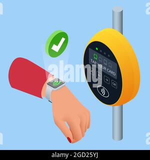 Isometric hand using paper smart card ticket to pay money for transportation at payment kiosk stand. E-ticket paper for traveler. Yellow validator Stock Vector