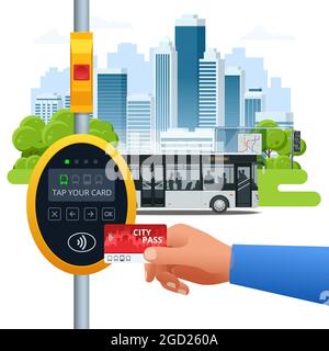 Hand using paper smart card ticket to pay money for transportation at payment kiosk stand. E-ticket paper for traveler. Yellow validator Stock Vector