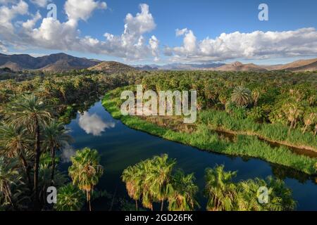 Rio Mulegé and the view to Sierra San Pedro from the viewpoint at Misión Santa Rosalia in Mulegé , Baja California Sur, Mexico. Stock Photo