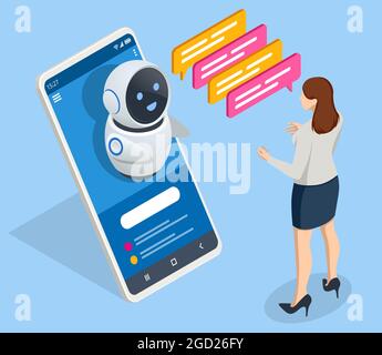 Isometric artificial intelligence. Chat bot and future marketing. AI and business IOT concept. Mans and women chatting with chatbot application Stock Vector