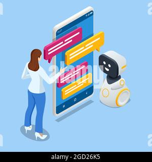 Isometric artificial intelligence. Chat bot and future marketing. AI and business IOT concept. Mans and women chatting with chatbot application Stock Vector