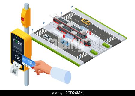 Isometric card ticket validation scanning display tram Tram ticket validator. Woman paying contactless with smartphone for public transport in the Stock Vector