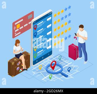 Isometric tourists choosing hotel and booking room online. Hotel search, booking online, apartment reservation. Stock Vector