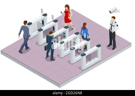 Isometric Turnstile. Access control equipment. Magnetic card access turnstiles. Electronic turnstile. Automatic checkpoint. Building security Stock Vector