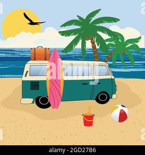 Old retro classic traveling van on the beach with surf board. Summer vacation, vector illustration Stock Vector