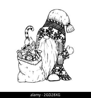 Hand drawn Christmas gnome and bag with presents. Vector illustration in sketch style Stock Vector