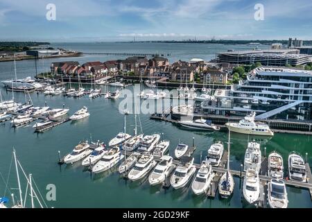 Ocean Village Southampton unique elevated view from Admirals Quay penthouse luxury marina and yachts to The Isle of White Admirals Quay Hampshire UK Stock Photo