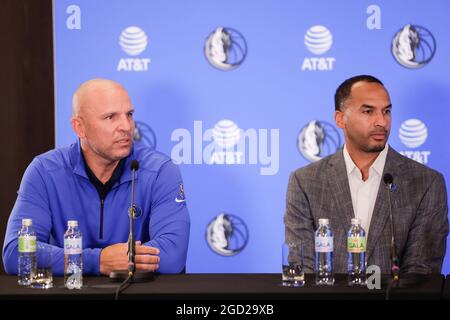 Ljubljana, Slovenia. 10th Aug, 2021. Jason Kidd (L) and Nico Harrison at a press conference after Luka Doncic's signing of a 5-year extension contract.Slovenian NBA star Luka Doncic signed a five-year 207-million-dollar contract extension with the Dallas Mavericks on Tuesday after Mavericks owner Mark Cuban, head coach Jason Kidd, general manager Nico Harrison and advisor Dirk Nowitzki arrived in Slovenia to formalize the deal. (Photo by Luka Dakskobler/SOPA Images/Sipa USA) Credit: Sipa USA/Alamy Live News Stock Photo
