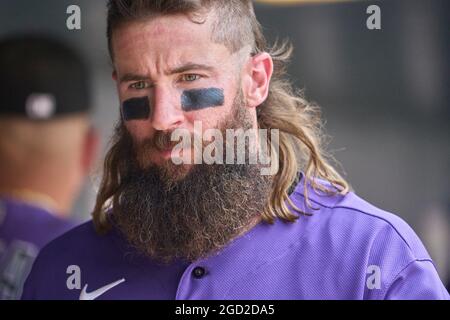 August 6 2021: Florida right fielder Bryan De La Cruz (77) during batting  practice before the game with Colorado Rockies and Miami Marlins held at  Coors Field in Denver Co. David Seelig/Cal