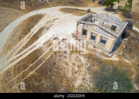 Aerial view drone photograph of an abandoned and deserted village with ...
