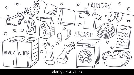 Laundry items doodle set: washing machine, washing powder, board and other, Isolated vector illustration Stock Vector