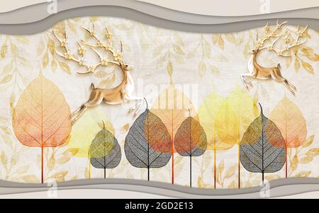 3d modern canvas art mural wallpaper with forest trees and leaves and golden deer. Suitable for use as a frame on walls . Stock Photo
