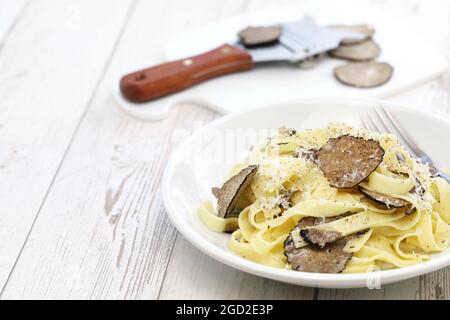 tagliatelle pasta with black truffle Stock Photo