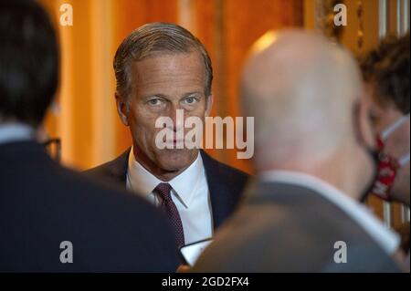 Washington, United States. 10th Aug, 2021. Senate Minority Whip John Thune, R-SD, speaks to reporters outside the Senate chambers before final passage of $1.2 trillion infrastructure bill at the US Capitol in Washington, DC., on Tuesday, August 10, 2021. Photo by Bonnie Cash/UPI Credit: UPI/Alamy Live News Stock Photo