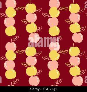 Pink and yellow apples on a burgundy background. Seamless pattern with colorful fruits. Stock Vector