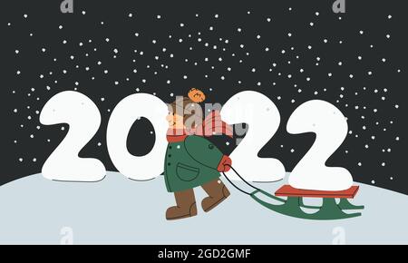 Happy child carries year 2022 on sled. Christmas and New Year vector illustration for the design of cards, banners, stickers. Stock Vector