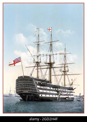 HMS Victory, an historic rare hand coloured photographic image of Nelson's flagship at sea moored at anchor in Portsmouth Harbour UK circa 1900 Stock Photo