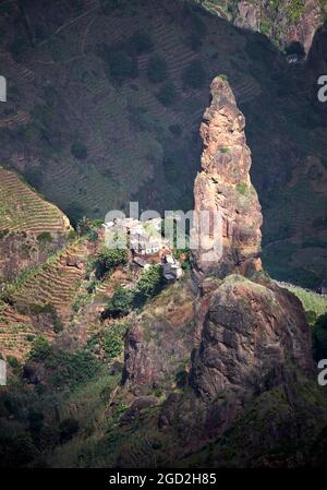 Vertical shot of volcanic formations and hills in Ribeira da Torre, Santo Antao, Cape Verde Stock Photo