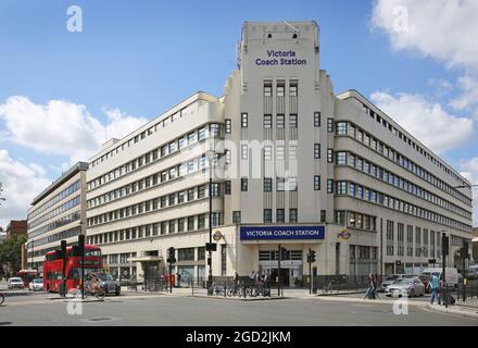 Exterior view of Victoria Coach Station, Buckingham Palace Road, London, UK. London's main coach station with departures to all parts of the UK. Stock Photo