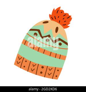 Orange knitted striped hat. Heat to the head. Stock Vector