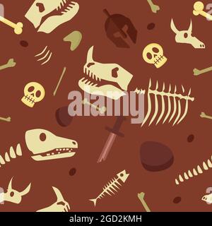 Animal skeleton, halloween horror seamless pattern design vector illustration. Cartoon fish bone silhouette texture, scary simplified repeat skull, broken knight sword and helmet on brown background Stock Vector