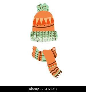 Hat with a mint pompom and knitted scarf  Stock Vector