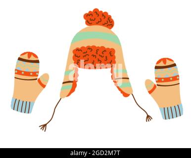 Hat with a mint pompom and knitted mitten Stock Vector