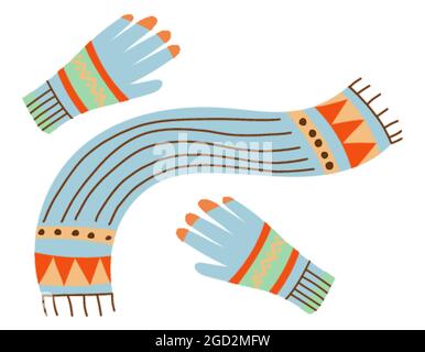 Winter blue gloves and scarf hand drawn flat Stock Vector