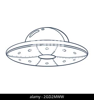 Line Art UFO Illustration. Flying saucer outline icon. Spacecraft sketch template for logo, emblem, Web design, Print, Sticker, Card Stock Vector