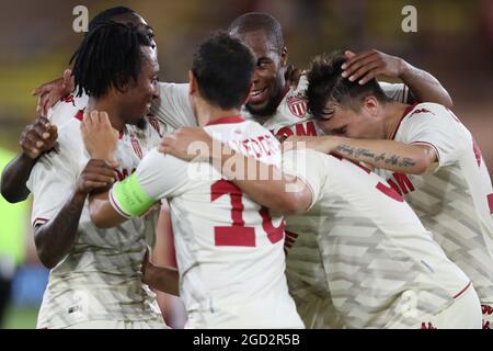 Monaco, Monaco, 10th August 2021. Gelson Martins of AS Monaco celebrates with team mates after scoring to give the side a 1-0 lead during the UEFA Champions League match at Stade Louis II, Monaco. Picture credit should read: Jonathan Moscrop / Sportimage Stock Photo