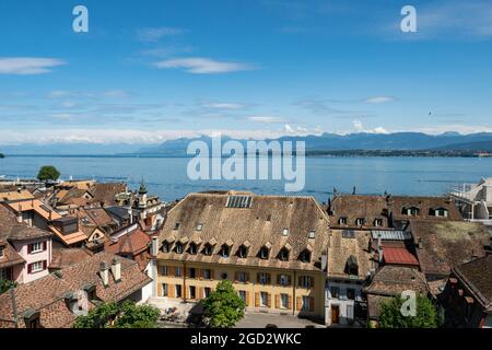 View over the rooftops of Nyon, Switzerland and Lake Geneva Stock Photo