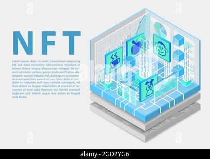 NFT non-fungible token concept infographic. 3d isometric vector illustration of this blockchain technology to sell and purchase digital artwork. Stock Vector