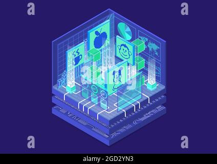 NFT non-fungible token concept infographic. 3d isometric vector illustration of this blockchain technology to sell and purchase digital artwork. Stock Vector