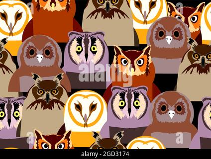 owls seamless texture on black background Stock Vector