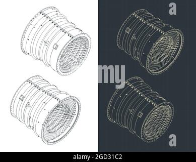 Stylized vector illustration of isometric  blueprints of compressor stator case from turbo jet Stock Vector